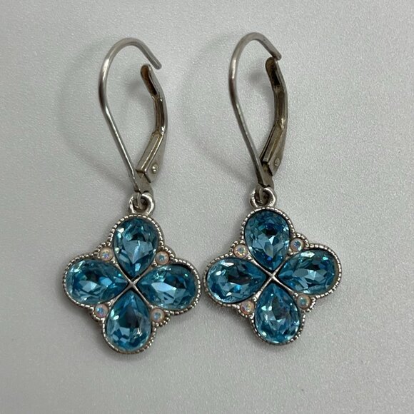 Sterling Silver 925 Blue Topaz Clover Drop Earrings Leverback Hook - Picture 1 of 11